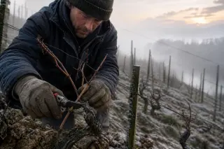 Walloon vine grower pruning dormant vines on a steep hillside at dawn in winter, misty biodynamic vineyard, focus on hands and pruning shears, clay-limestone soil visible, documentary style.