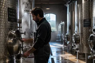 Winemaker checking stainless steel fermentation tanks in a softly lit cellar, highlighting the technical process of vinification without any wine glasses or bottles present.