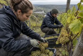 Deux futurs vignerons récoltent manuellement des raisins sur un coteau escarpé en Wallonie.