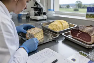 Chercheur examinant du fromage de Herve, du beurre et du jambon d’Ardenne dans un laboratoire wallon.